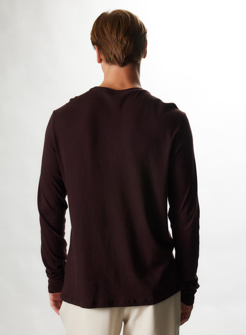 T-shirt Aubergine Col Rond Manches Longues en Coton et Cachemire - MAJESTIC FILATURES