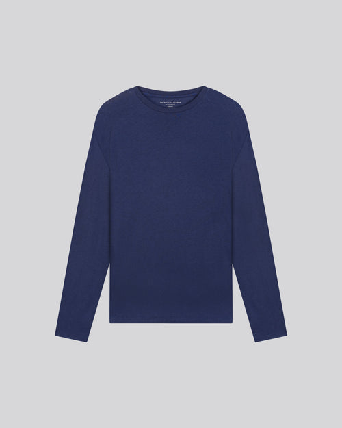 T-shirt Bleu Col Rond Manches Longues en Coton / Cachemire - MAJESTIC FILATURES