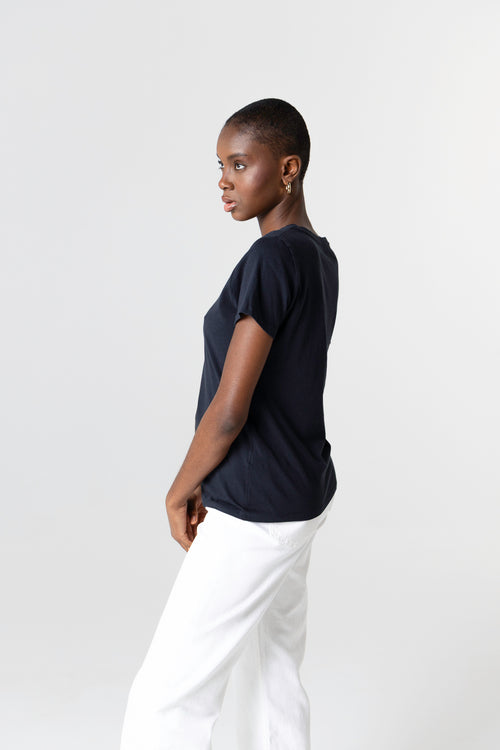 Navy blue Polly T-shirt Round Neck Short Sleeves in Cotton - MAJESTIC FILATURES