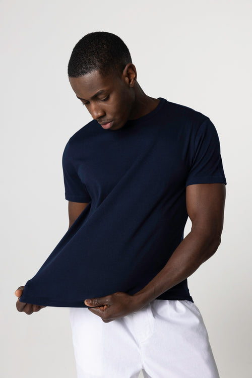 T-shirt Marine Patrice Col Rond Manches Courtes en Coton - MAJESTIC FILATURES