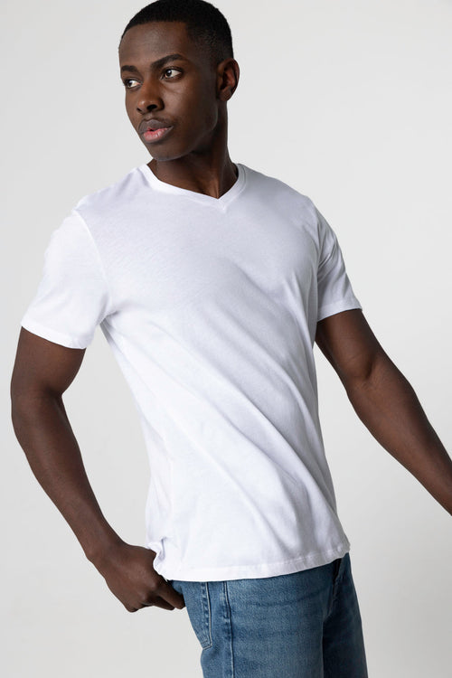 T-shirt Blanc Paul Col V Manches Courtes en Coton - MAJESTIC FILATURES