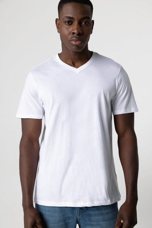 T-shirt Blanc Paul Col V Manches Courtes en Coton - MAJESTIC FILATURES