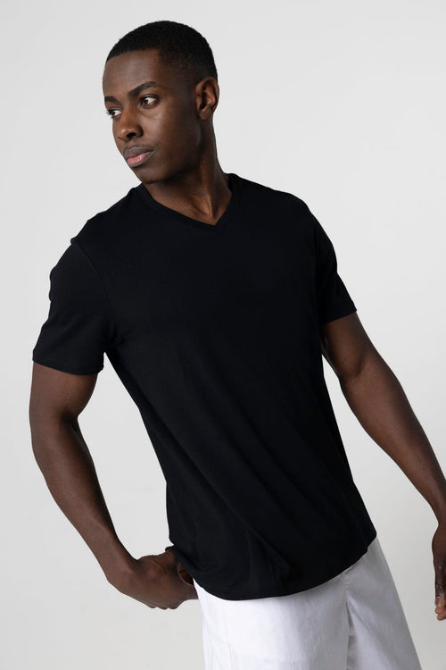 T-shirt Noir Paul Col V Manches Courtes en Coton - MAJESTIC FILATURES