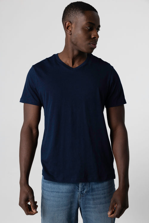 T-shirt Marine Paul Col V Manches Courtes en Coton - MAJESTIC FILATURES