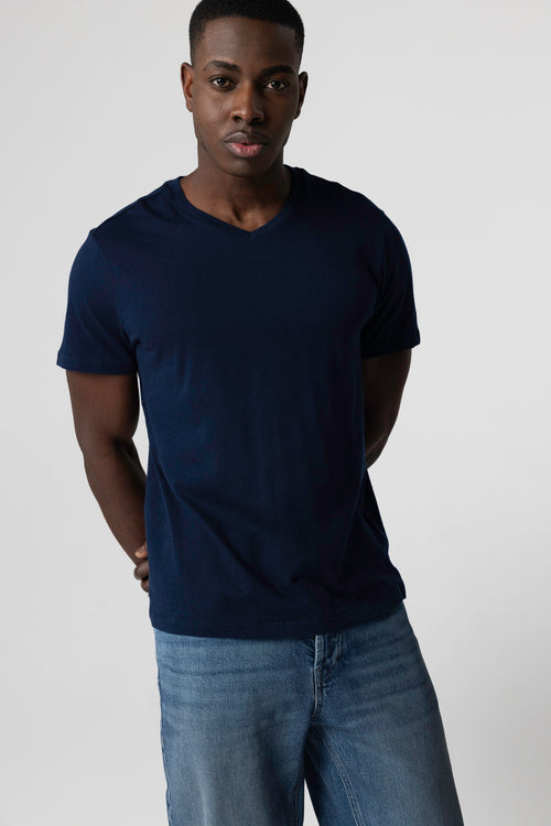 T-shirt Marine Paul Col V Manches Courtes en Coton - MAJESTIC FILATURES