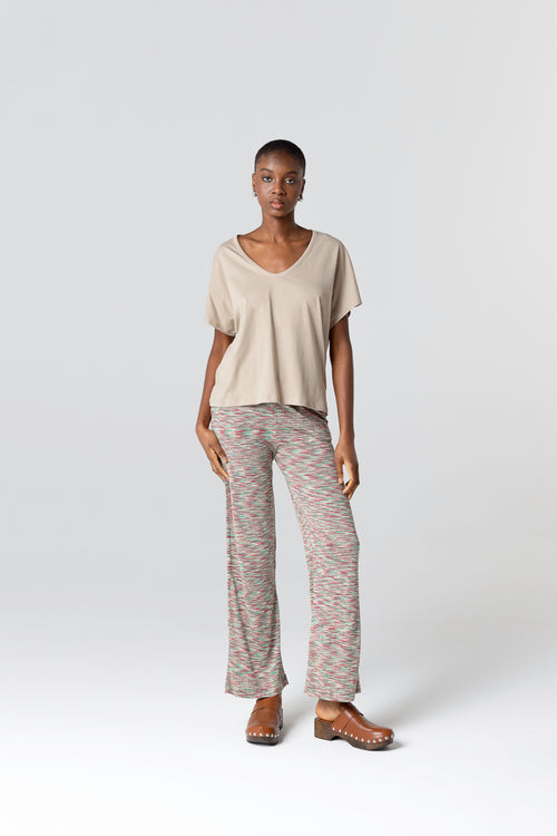 T-shirt Beige Col V Manches Courtes en Coton Supima - MAJESTIC FILATURES