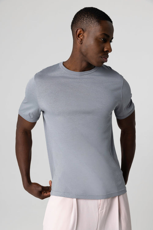 Gray Round-Neck Short-Sleeve Supima Cotton T-shirt - MAJESTIC FILATURES
