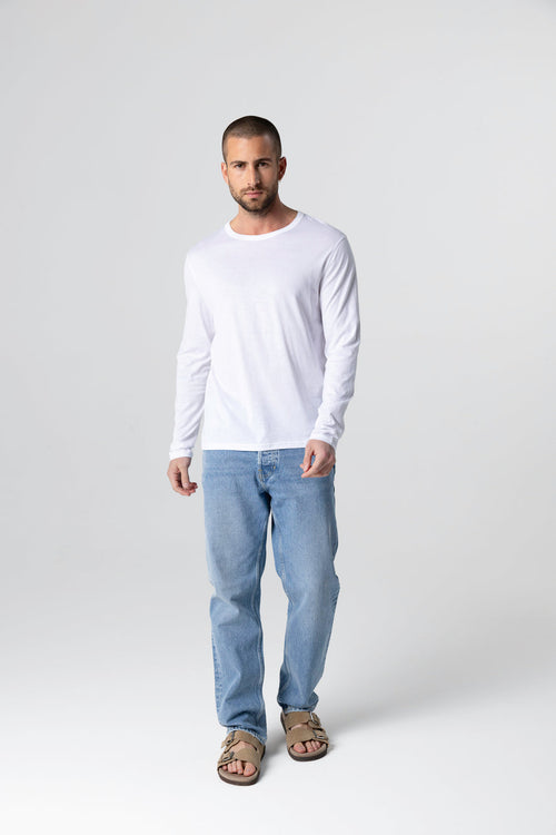 T-shirt Blanc Col Rond Manches Longues en Coton Supima - MAJESTIC FILATURES