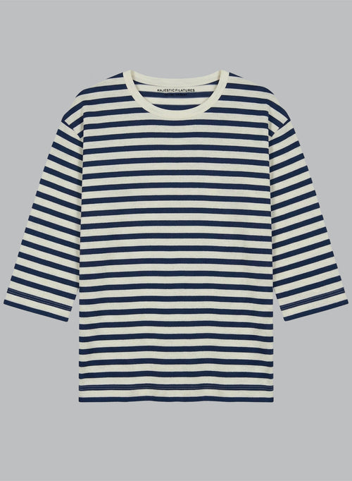 T-shirt Marine Col Bateau Manches Trois quarts en Coton / Lin - MAJESTIC FILATURES