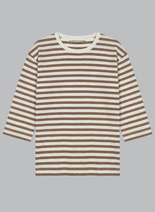 Camiseta marrón cuello barco y mangas tres cuartos de algodón/lino - MAJESTIC FILATURES