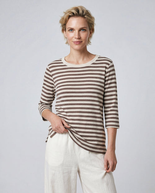 Camiseta marrón cuello barco y mangas tres cuartos de algodón/lino - MAJESTIC FILATURES