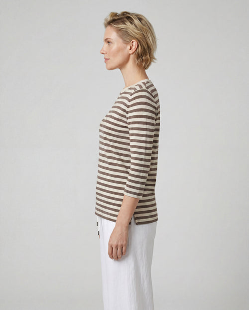 Camiseta marrón cuello barco y mangas tres cuartos de algodón/lino - MAJESTIC FILATURES
