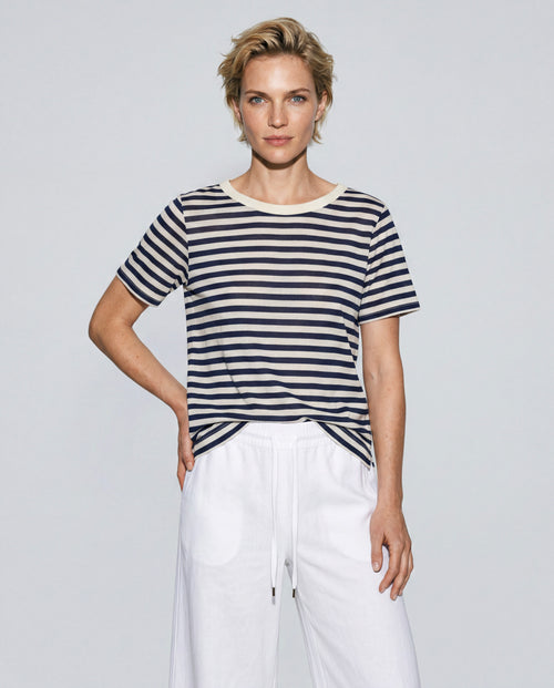 T-shirt Rayure Marine Col Rond Manches Courtes en Coton / Lin - MAJESTIC FILATURES