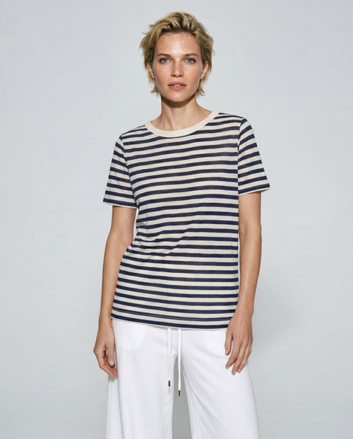 T-shirt Rayure Marine Col Rond Manches Courtes en Coton / Lin - MAJESTIC FILATURES
