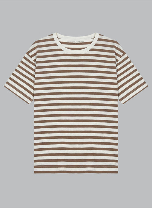 Brown Stripe Round Neck Short Sleeve T-shirt in Cotton / Linen - MAJESTIC FILATURES