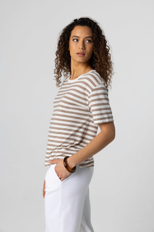 Brown Stripe Round Neck Short Sleeve T-shirt in Cotton / Linen - MAJESTIC FILATURES