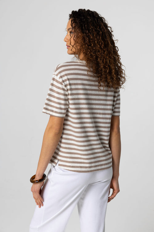 Brown Stripe Round Neck Short Sleeve T-shirt in Cotton / Linen - MAJESTIC FILATURES