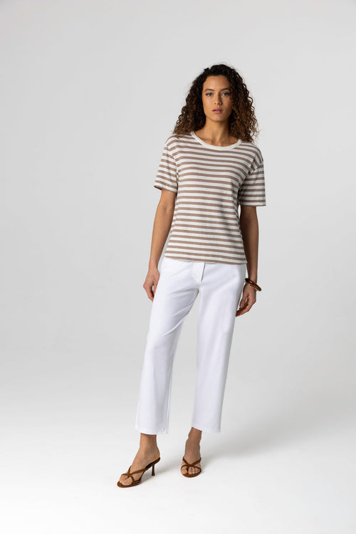 Brown Stripe Round Neck Short Sleeve T-shirt in Cotton / Linen - MAJESTIC FILATURES