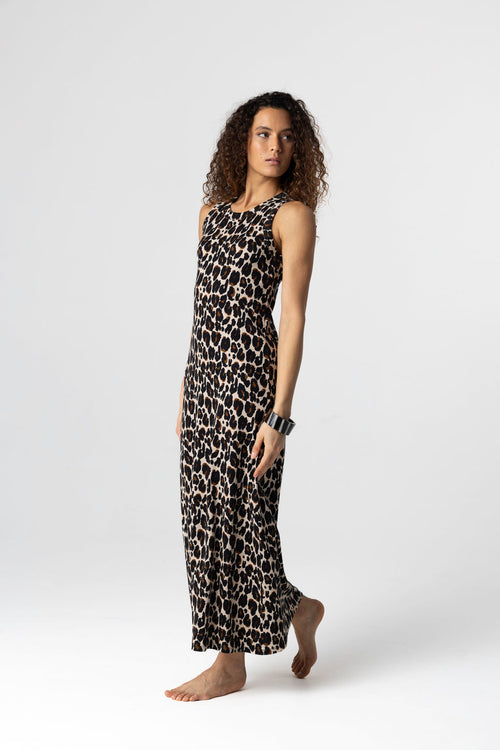 Ecru mottled sleeveless round neck dress in cotton / elastane - MAJESTIC FILATURES