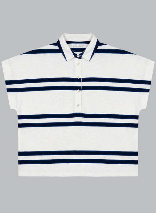 White Striped Short-Sleeve Organic Cotton Polo T-shirt - MAJESTIC FILATURES