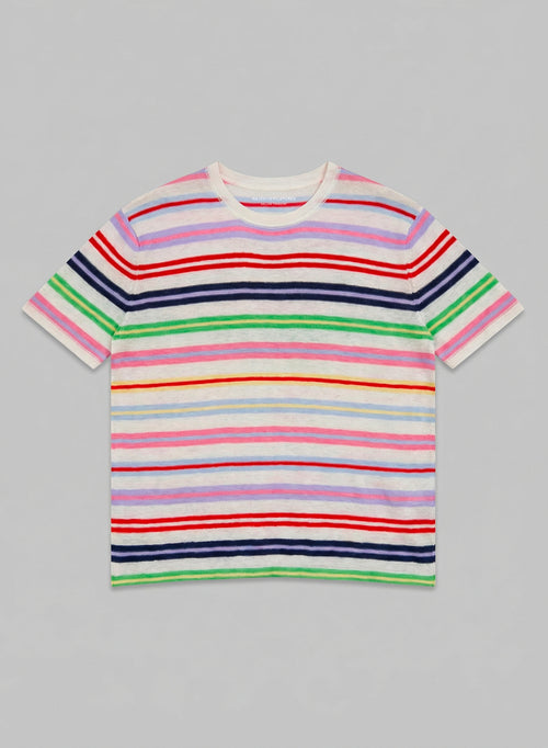 Milk Striped Round-Neck Short-Sleeve Extrafine Cashmere T-shirt - MAJESTIC FILATURES