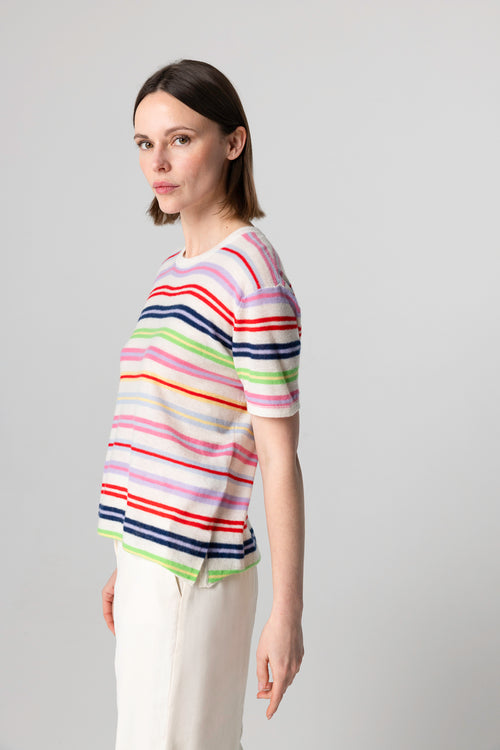 T-shirt Blanc Col Rond Manches Courtes en Cachemire extrafine - MAJESTIC FILATURES