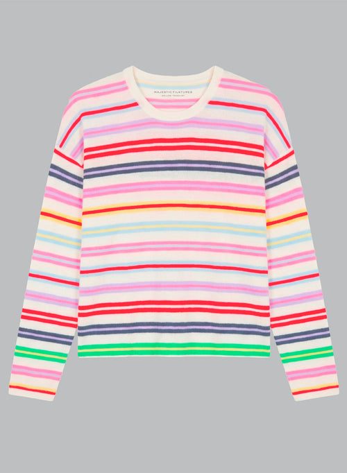 Mehrfarbig gestreifter Pullover mit Rundhalsausschnitt und langen Ärmeln aus extrafeinem Kaschmir - MAJESTIC FILATURES