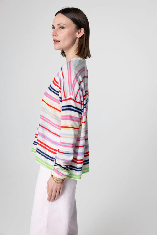 Mehrfarbig gestreifter Pullover mit Rundhalsausschnitt und langen Ärmeln aus extrafeinem Kaschmir - MAJESTIC FILATURES