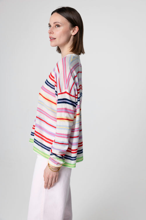 Pull rayé multicouleur Col Rond Manches Longues en Cachemire extrafine - MAJESTIC FILATURES