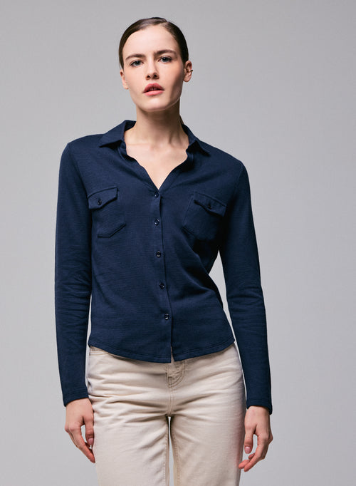 Camisa Azul / Gris Camisa de Manga Larga en Algodón Orgánico / Cachemir - MAJESTIC FILATURES