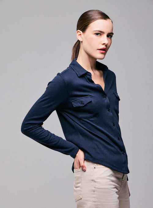 Blue / Grey Shirt Long Sleeve Shirt in Organic Cotton / Cashmere - MAJESTIC FILATURES