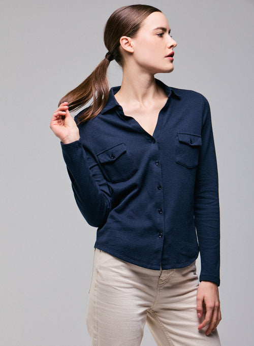 Blue / Grey Shirt Long Sleeve Shirt in Organic Cotton / Cashmere - MAJESTIC FILATURES