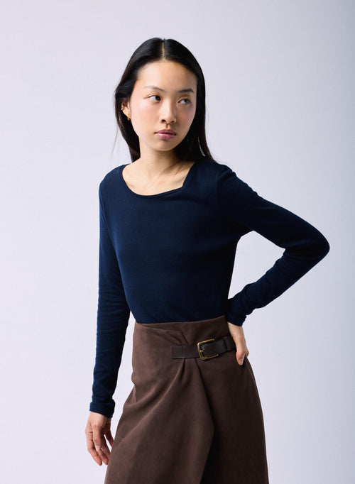 Camiseta Azul / Gris Cuello Redondo Mangas Largas en Algodón Orgánico / Cachemira - MAJESTIC FILATURES