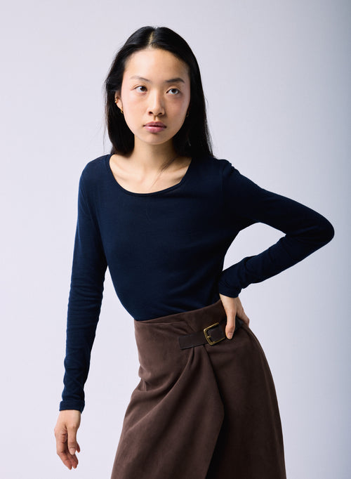 T-shirt Bleu / Gris Col Rond Manches Longues en Coton organique / Cachemire - MAJESTIC FILATURES