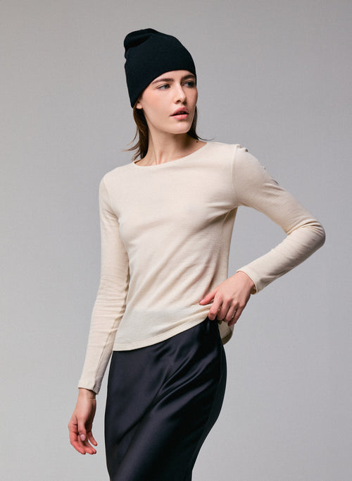 Grey Round Neck Long Sleeve T-shirt in Organic Cotton / Cashmere - MAJESTIC FILATURES