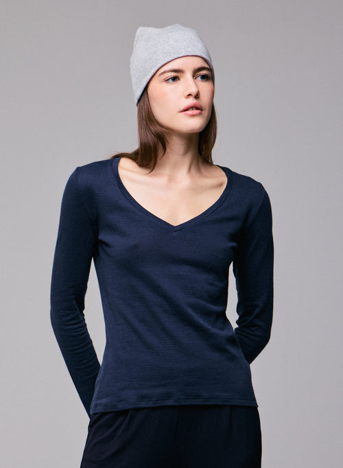 T-shirt Bleu / Gris Col V Manches Longues en Coton organique / Cachemire - MAJESTIC FILATURES