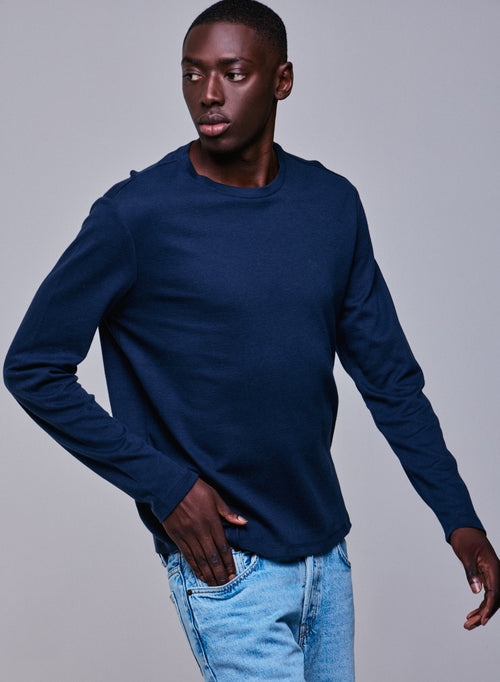 Blue / Grey Round Neck Long Sleeve T-shirt in Organic Cotton / Cashmere - MAJESTIC FILATURES