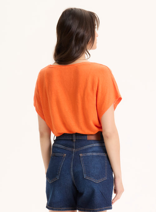 Orangefarbenes Kurzarm-T-Shirt aus Leinen / Elasthan mit V-Ausschnitt - MAJESTIC FILATURES
