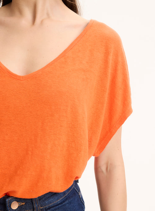 Orangefarbenes Kurzarm-T-Shirt aus Leinen / Elasthan mit V-Ausschnitt - MAJESTIC FILATURES