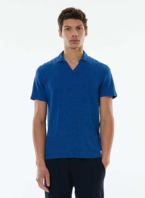 Blaues kurzärmeliges T-Shirt mit Polokragen in Leinen / Elasthan - MAJESTIC FILATURES