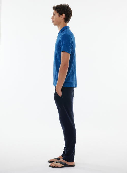 Blaues kurzärmeliges T-Shirt mit Polokragen in Leinen / Elasthan - MAJESTIC FILATURES