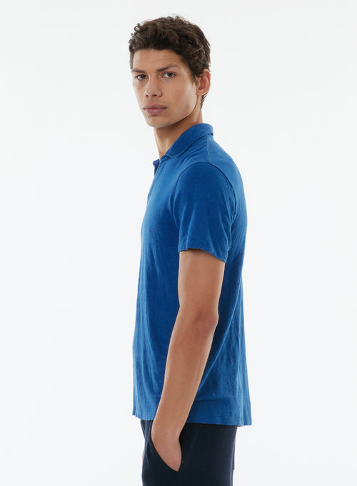 Blaues kurzärmeliges T-Shirt mit Polokragen in Leinen / Elasthan - MAJESTIC FILATURES