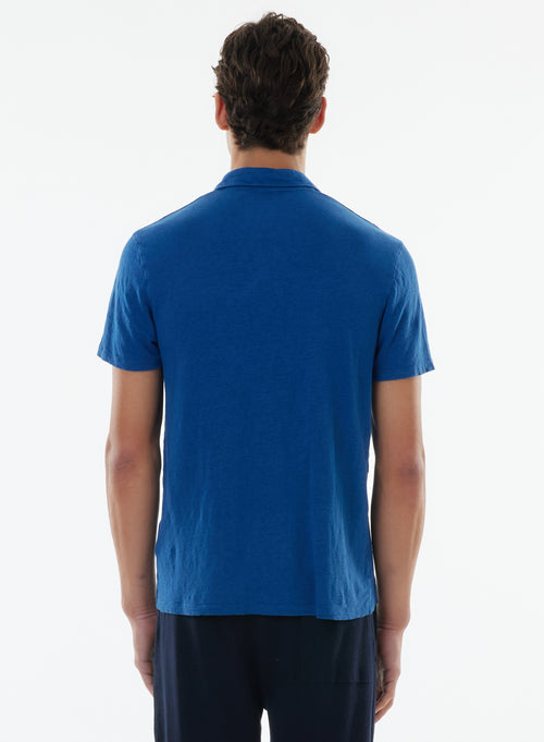 Blaues kurzärmeliges T-Shirt mit Polokragen in Leinen / Elasthan - MAJESTIC FILATURES