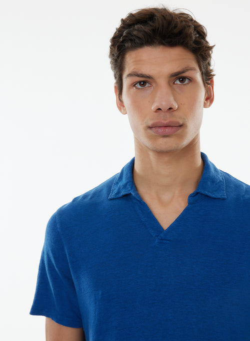 Blaues kurzärmeliges T-Shirt mit Polokragen in Leinen / Elasthan - MAJESTIC FILATURES