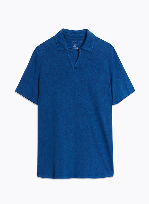 Blaues kurzärmeliges T-Shirt mit Polokragen in Leinen / Elasthan - MAJESTIC FILATURES