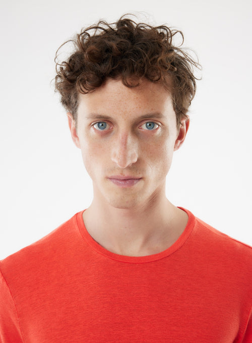 Camiseta naranja de manga corta y cuello redondo en lino / elastano - MAJESTIC FILATURES