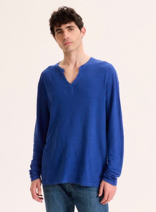 Tunisien Bleu Col Tunisien Manches Longues en Lin Elasthanne